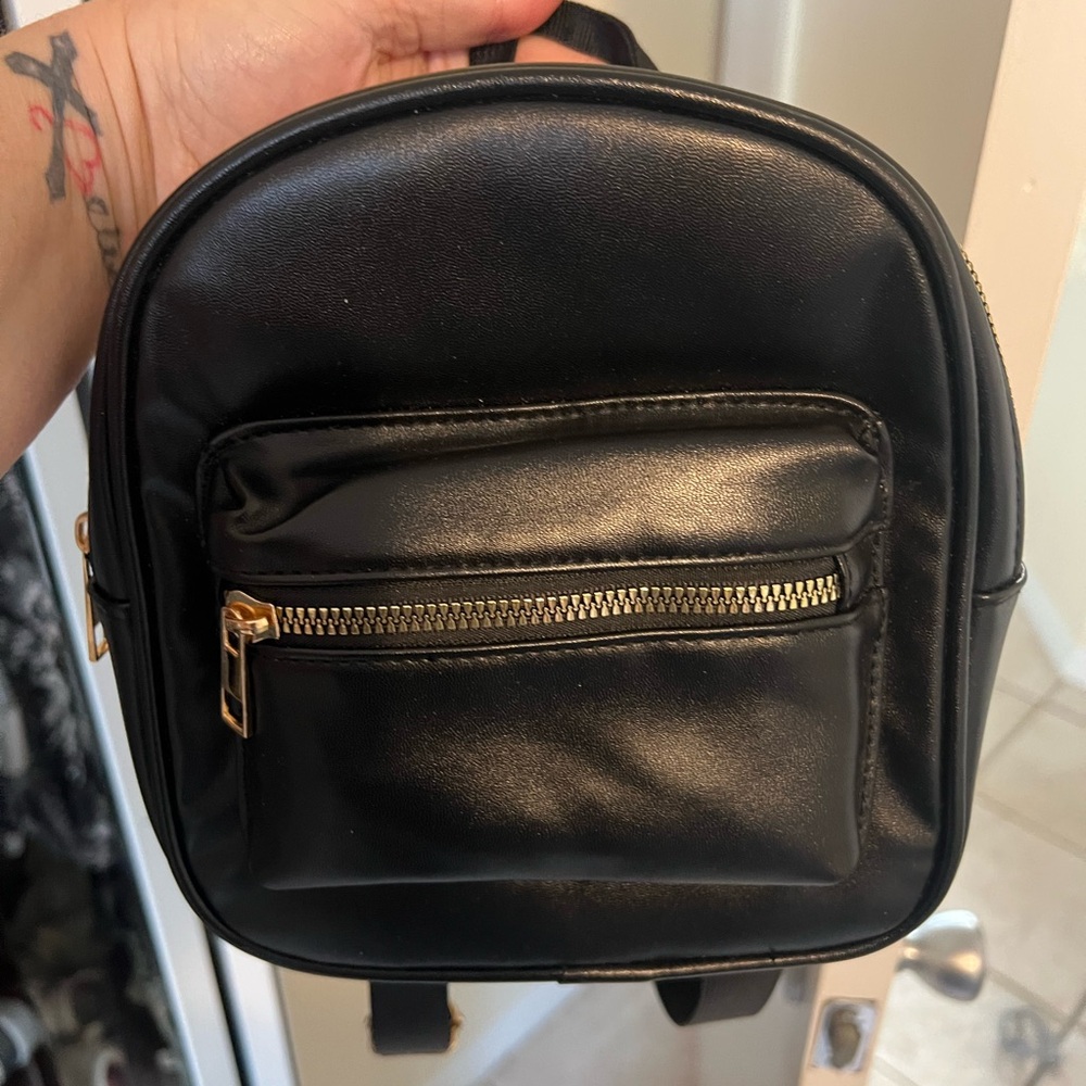 Black Mini Faux Leather Backpack with Gold Zipper